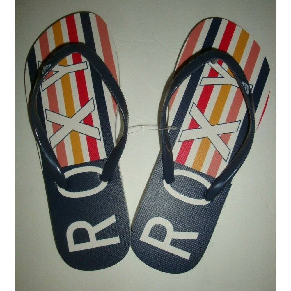 New Roxy Women's Flip Flops Thong Sandals Beach Swim Multi Color Stripe Blue 9